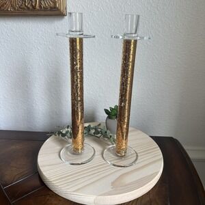 VTG Mid Century Candlestick Holders 11.5 Inch Gold Clear Crackle Glass Decor